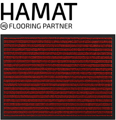 Wasbare indoormat Timeless, hier in de kleur Red. Het poolmateriaal is 75 procent polyamide en 25 procent polypropyleen, de backing wasbaar vinyl. Timeless-mat-Red
