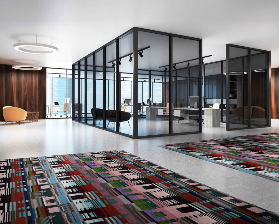 De akoestische DUO-tegels van Object Carpet zorgen voor gerichte geluidsisolatie. OBJECT CARPET FORUM ente Bahnenware